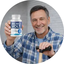 MemoVolt customer George H. from Texas holding a bottle of the brain support supplement